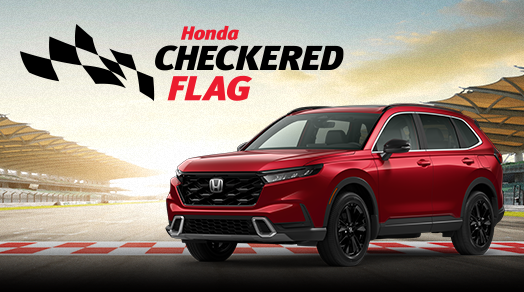 A 2024 Honda CR-V on racetrack with Honda Checkered Flag logo on top left.