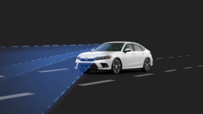 3/4 front view of white Civic Sedan. Blue sensor waves and lines emit from the front.