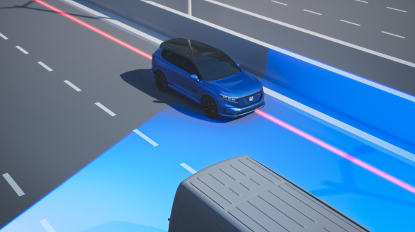 Overhead image of blue CR-V on a city highway with blue  graphic overlay demonstrating a vehicle drifting out of the lane on a highway. 