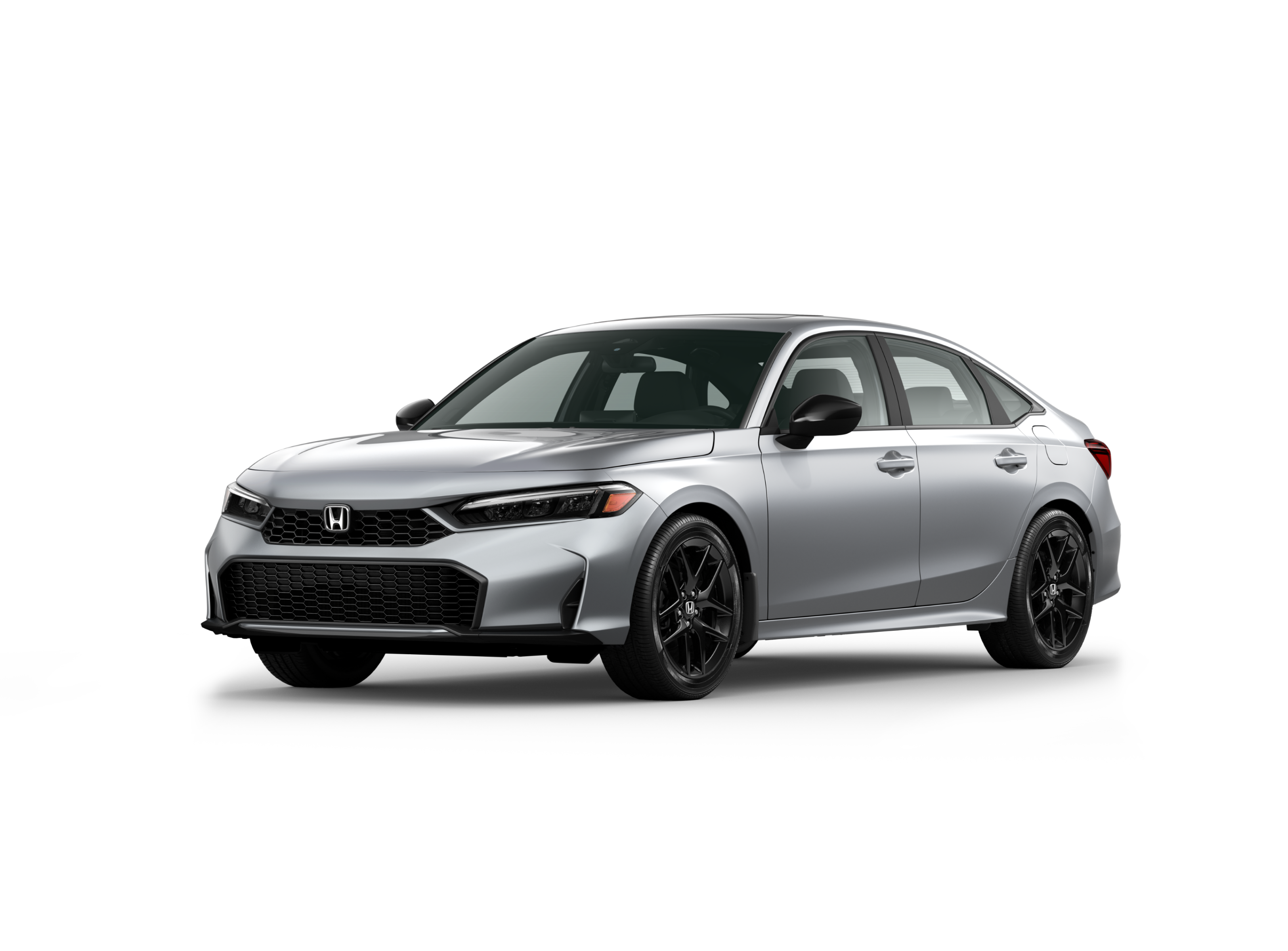 ¾ driver side front facing view of 2025 Civic Sedan Sport Hybrid model in Solar Silver Metallic colour