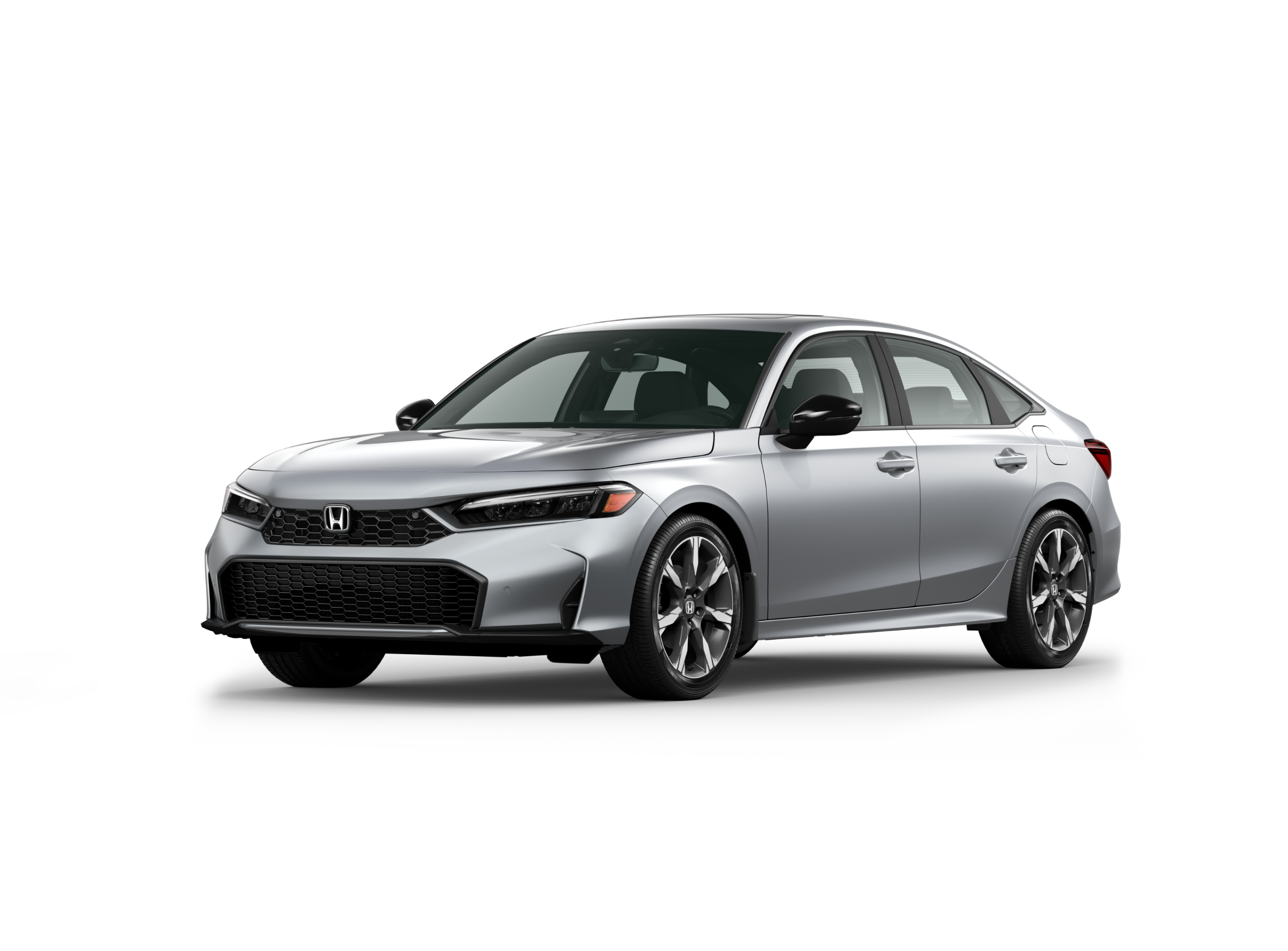 ¾ driver side front facing view of 2026 Civic Sedan Sport Touring Hybrid model in Solar Silver Metallic colour