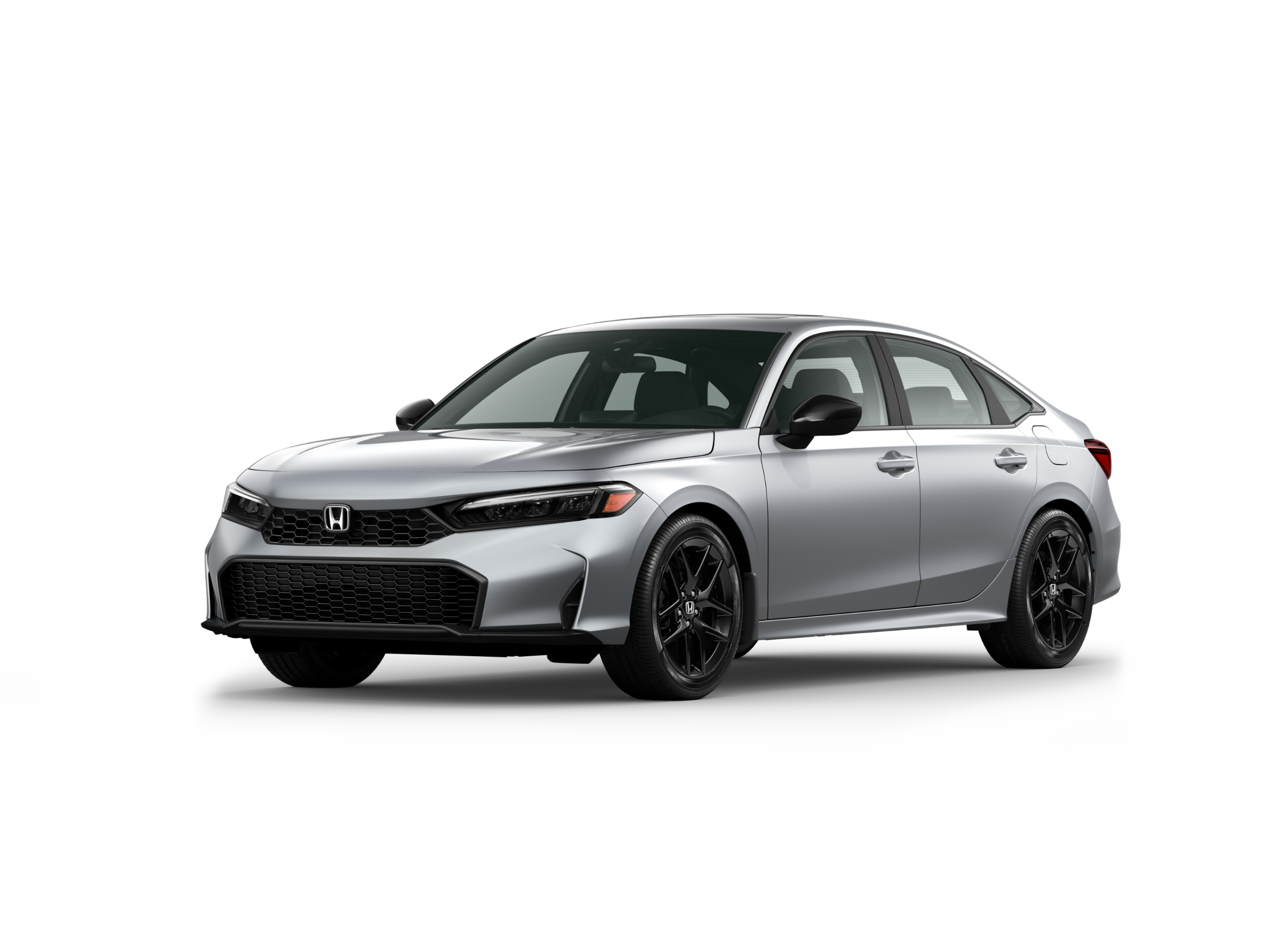 ¾ driver side front facing view of 2025 Civic Sedan Sport model in Solar Silver Metallic colour