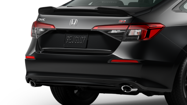 3/4 rear closeup of black Civic Si on white space. 