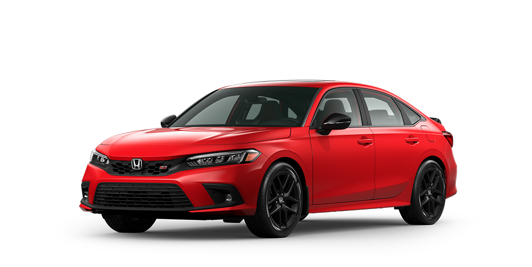 3/4 front view of red Civic Si on white space.