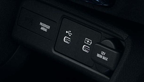 Closeup of USB charging ports in centre console. 