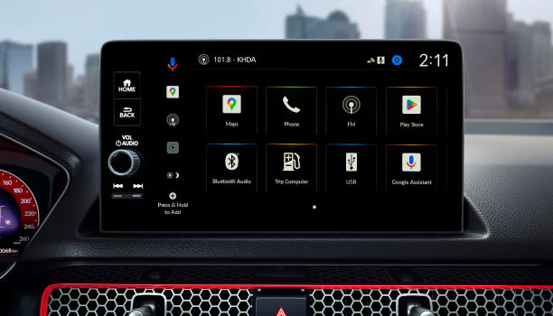 Closeup of 9" colour touchscreen on its home screen. 