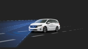 3/4 front view of Odyssey. Blue sensor waves and lines emit from the front. 