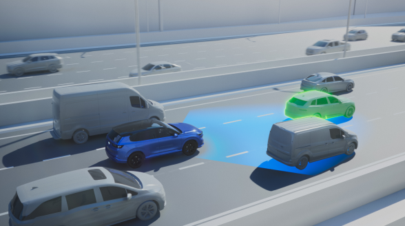Rendered image of a vehicle on a multi-lane highway with blue sensor beams emitting from the front. 