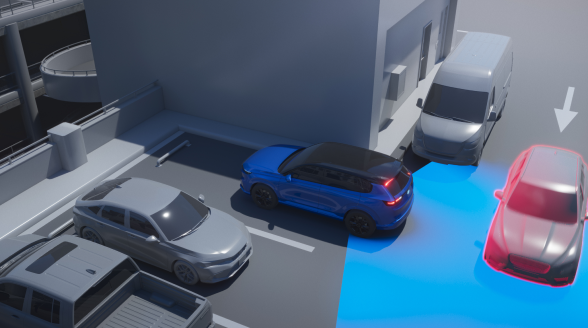 Illustration from overhead showing a vehicle avoiding a collision while reversing out of a parking spot. 