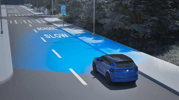 3/4 rear view of a vehicle in front of a speed sign. Blue sensor waves and lines emit from the front.