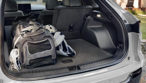 Close up of open trunk with a lacrosse equipment bag.
