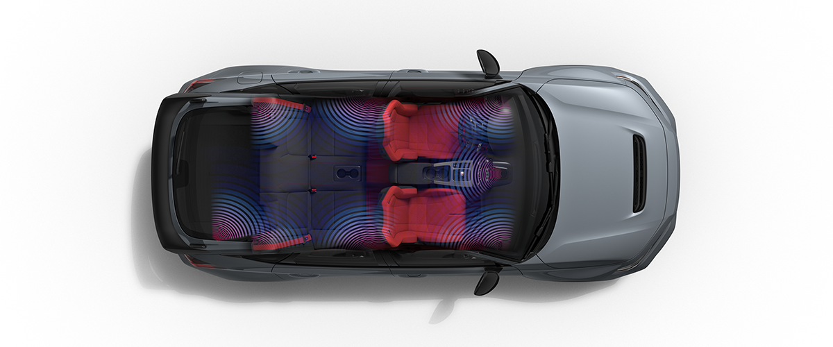 Bird's eye view of grey Type R on white space with no roof. Blue/purple waves emitting, indicate where all the BOSE® speakers are. 