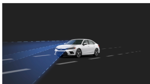 3/4 front view of white Civic Sedan. Blue sensor waves and lines emit from the front.