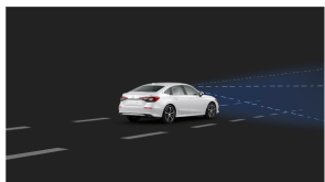 3/4 rear view of white Civic Sedan. Blue sensor waves and lines emit from the front. 